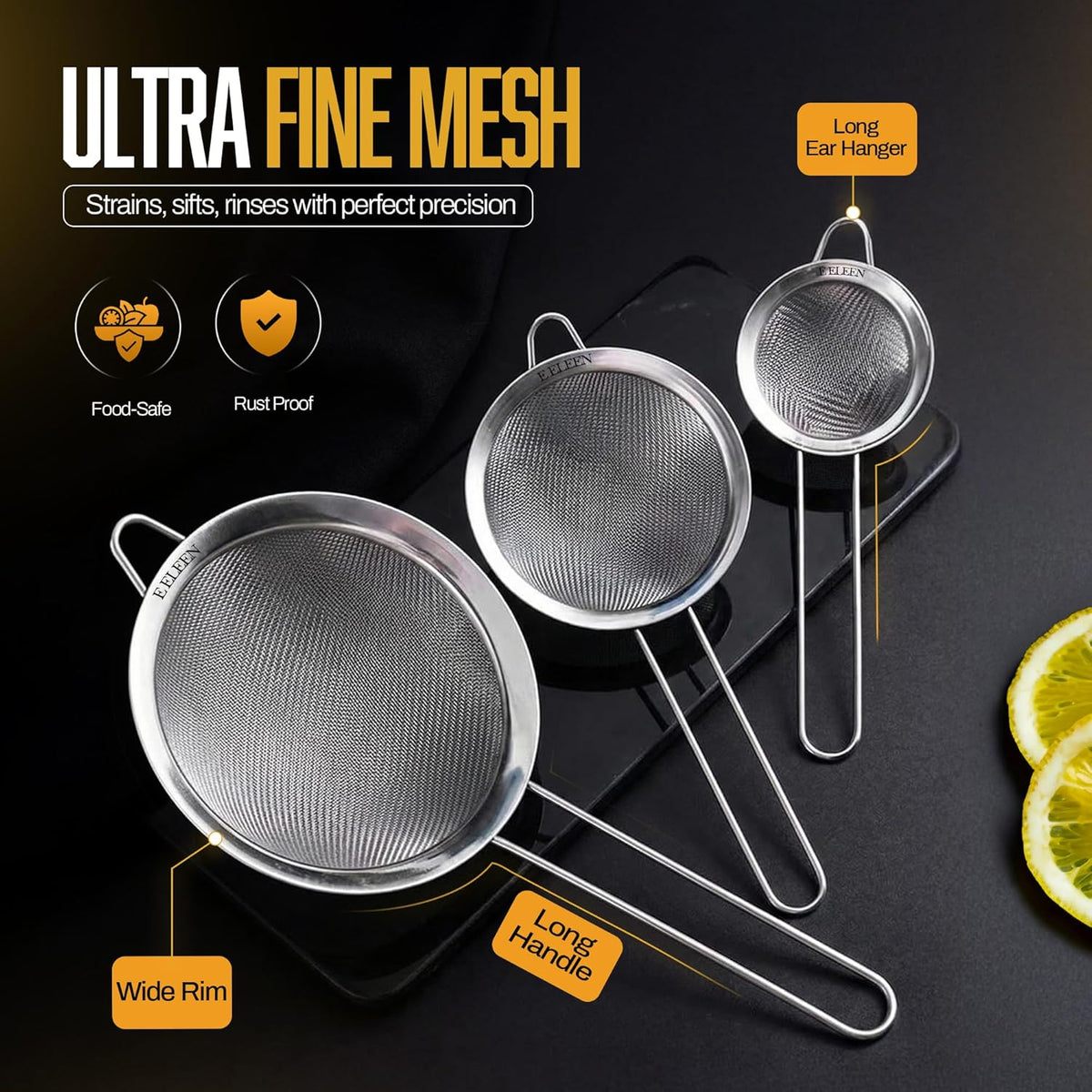 ELEEN Premium Stainless Steel Fine Mesh Strainers for Kitchen 3-Piece Set with Non-Slip Handle, Small, Medium & Large Sieves, Colanders and Sifter for Sifting, Straining, Pastas Tea, Rice Vegetables