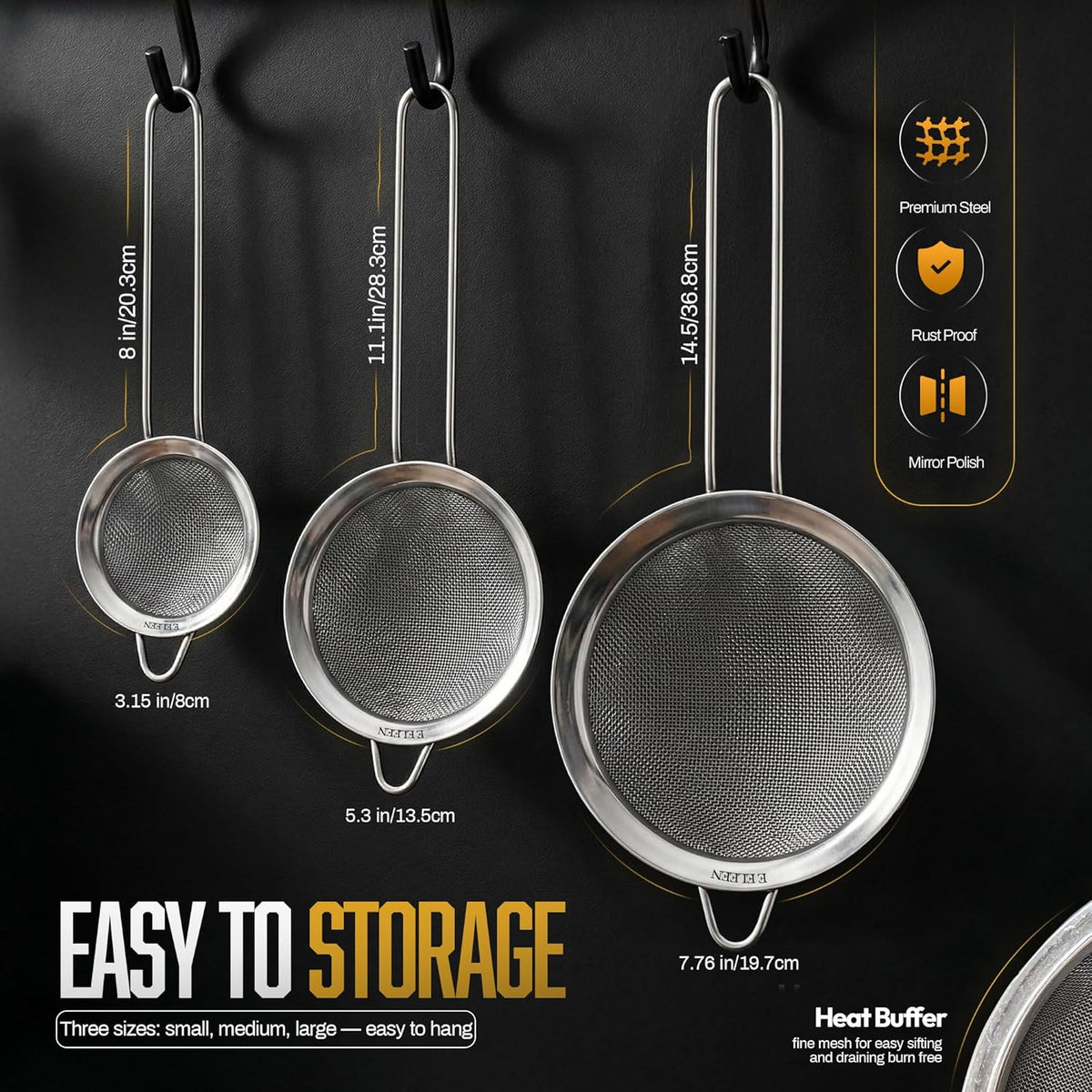 ELEEN Premium Stainless Steel Fine Mesh Strainers for Kitchen 3-Piece Set with Non-Slip Handle, Small, Medium & Large Sieves, Colanders and Sifter for Sifting, Straining, Pastas Tea, Rice Vegetables