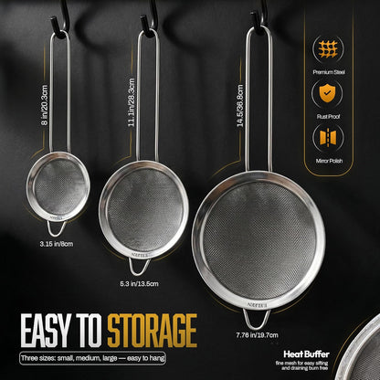 ELEEN Premium Stainless Steel Fine Mesh Strainers for Kitchen 3-Piece Set with Non-Slip Handle, Small, Medium & Large Sieves, Colanders and Sifter for Sifting, Straining, Pastas Tea, Rice Vegetables