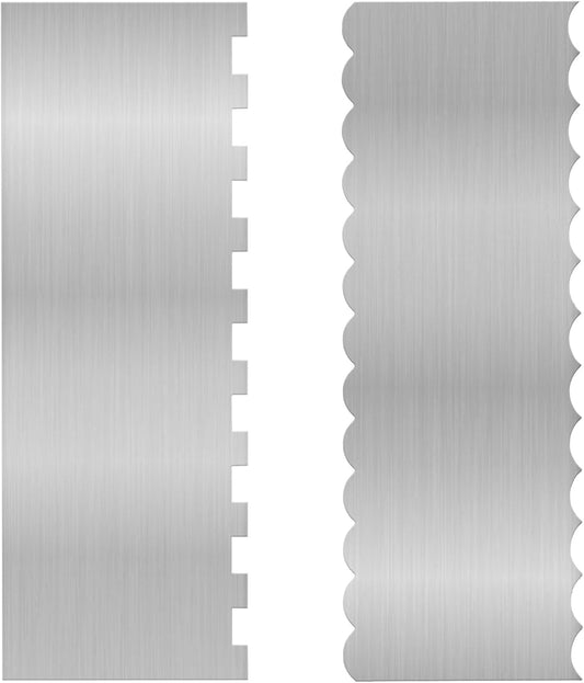 2 Pieces 8.7 Inche Stainless Steel Cake Scraper Double Sided Patterned Edge Stripe Edge Smoother Frosting Scraper Cake Decorating Cake Decorating Comb Cake Scraper For Butter Cream Mousse(2, 2)