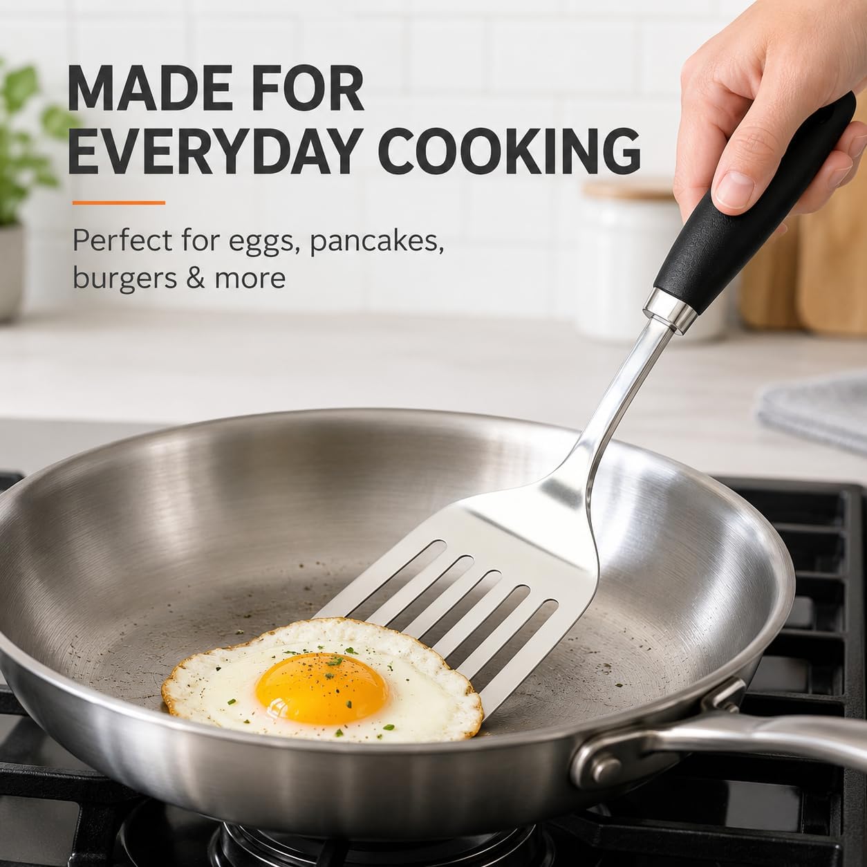 Stainless Steel Slotted Turner Spatula, Thin Edge Turner, Silver | Thin-edge Metal Spatula for Cast Iron and Stainless Steel Pans; Flips Eggs, Pancakes Burgers; Dishwasher Safe