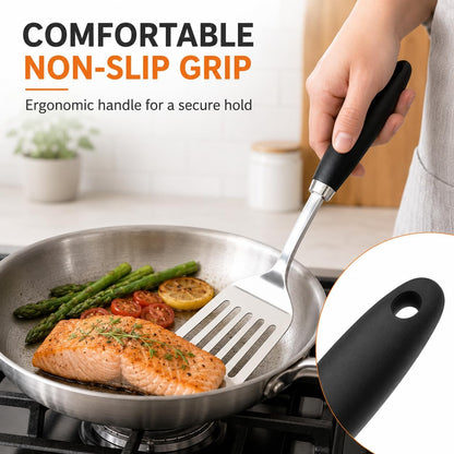 Stainless Steel Slotted Turner Spatula, Thin Edge Turner, Silver | Thin-edge Metal Spatula for Cast Iron and Stainless Steel Pans; Flips Eggs, Pancakes Burgers; Dishwasher Safe