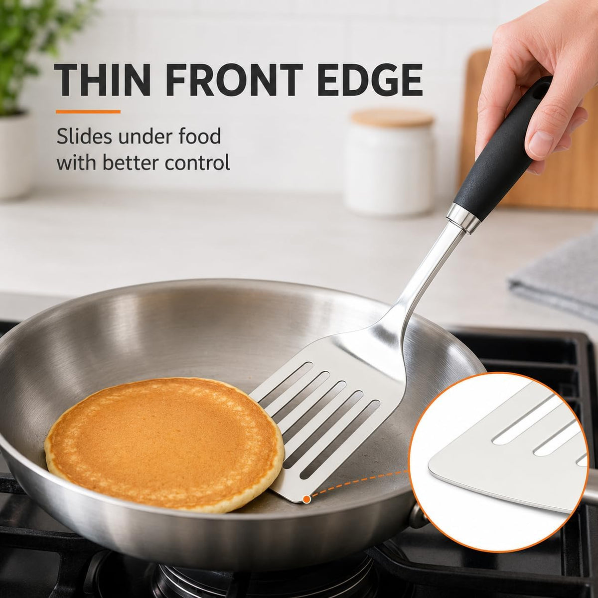 Stainless Steel Slotted Turner Spatula, Thin Edge Turner, Silver | Thin-edge Metal Spatula for Cast Iron and Stainless Steel Pans; Flips Eggs, Pancakes Burgers; Dishwasher Safe