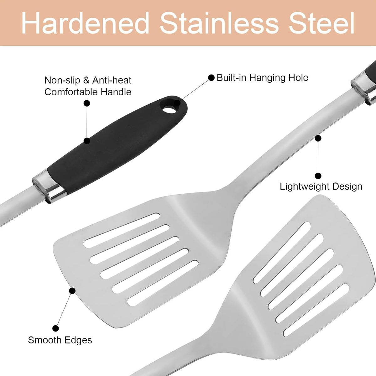 Stainless Steel Slotted Turner Spatula, Thin Edge Turner, Silver | Thin-edge Metal Spatula for Cast Iron and Stainless Steel Pans; Flips Eggs, Pancakes Burgers; Dishwasher Safe