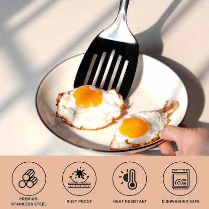 Stainless Steel Slotted Turner Spatula, Thin Edge Turner, Silver | Thin-edge Metal Spatula for Cast Iron and Stainless Steel Pans; Flips Eggs, Pancakes Burgers; Dishwasher Safe