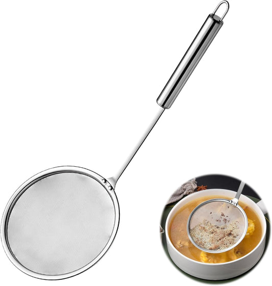 Stainless Steel Fat Skimmer Spoon 4”Multi-Functional Fine Mesh Hot Pot Grease Strainer with 9.4” Heat-Resistant Handle For Frying, Soup, Quinoa, Miso