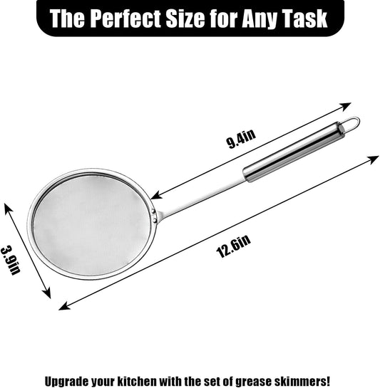 Stainless Steel Fat Skimmer Spoon 4”Multi-Functional Fine Mesh Hot Pot Grease Strainer with 9.4” Heat-Resistant Handle For Frying, Soup, Quinoa, Miso