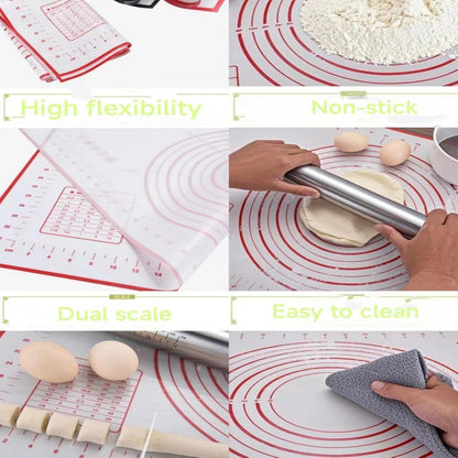 Adjustable Thickness Rings Rolling Pin & Silicone Baking Pastry Mat Set-Red | Stainless Steel Dough Roller,Baking Supplies for Cake Pop Cookie Fondant Pizza Cake Pasta