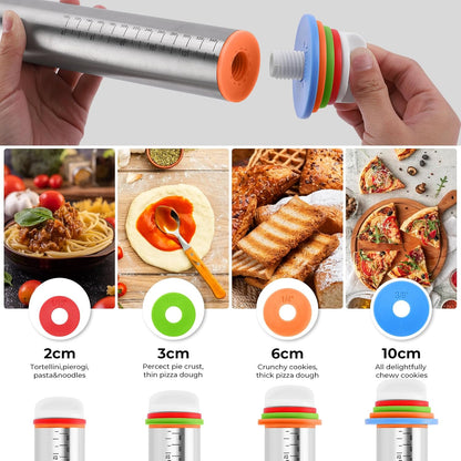 Adjustable Thickness Rings Rolling Pin & Silicone Baking Pastry Mat Set-Red | Stainless Steel Dough Roller,Baking Supplies for Cake Pop Cookie Fondant Pizza Cake Pasta