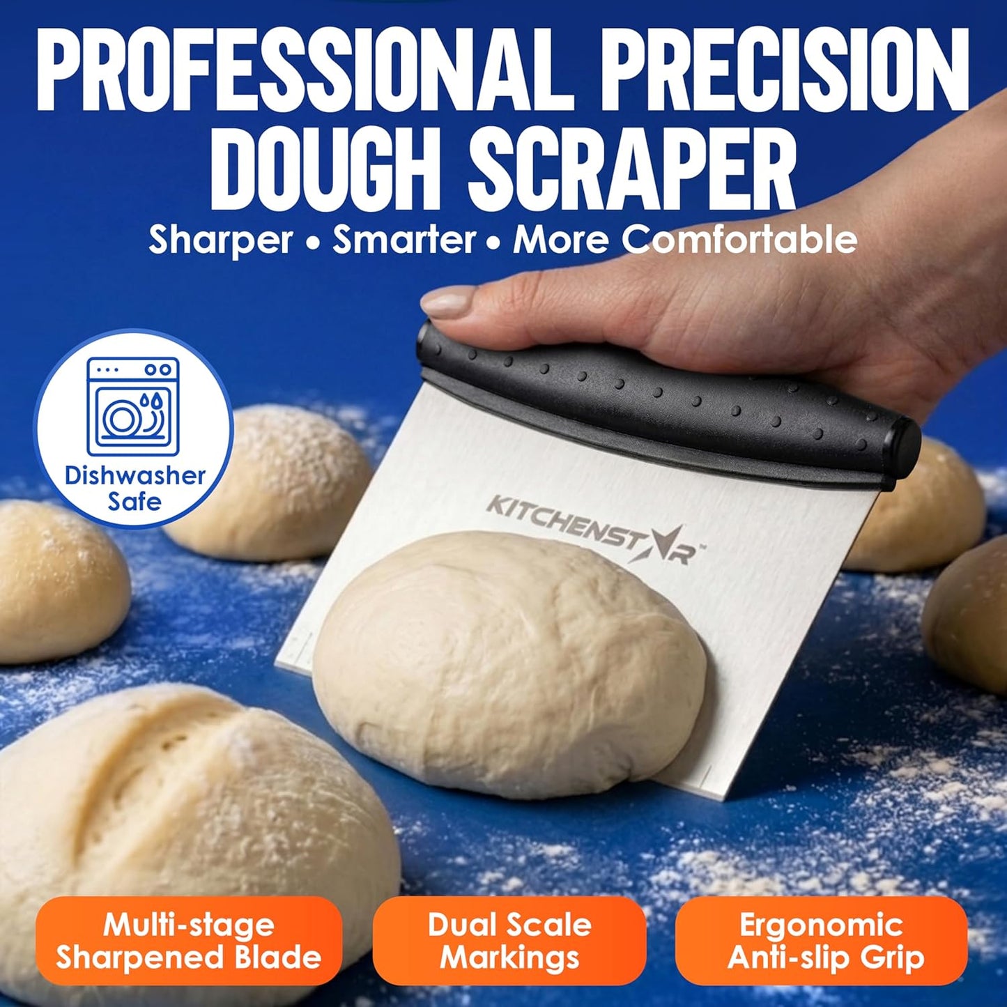Dough Scraper 6-inch, Stainless Steel Bench Scraper with Measurement Markings & Non-Slip Handle, Pastry Cutter for Bread, Pizza & Vegetables, Dishwasher Safe