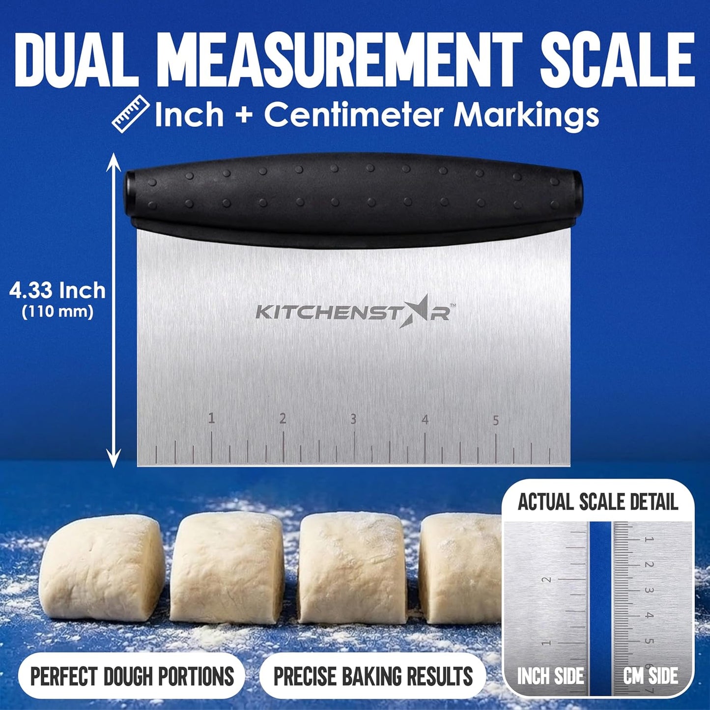 Dough Scraper 6-inch, Stainless Steel Bench Scraper with Measurement Markings & Non-Slip Handle, Pastry Cutter for Bread, Pizza & Vegetables, Dishwasher Safe