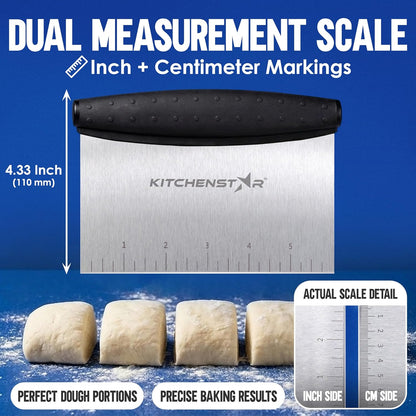 Dough Scraper 6-inch, Stainless Steel Bench Scraper with Measurement Markings & Non-Slip Handle, Pastry Cutter for Bread, Pizza & Vegetables, Dishwasher Safe