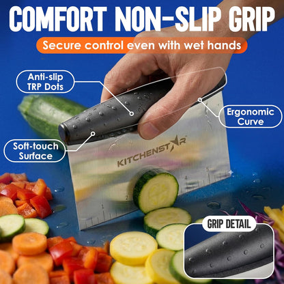 Dough Scraper 6-inch, Stainless Steel Bench Scraper with Measurement Markings & Non-Slip Handle, Pastry Cutter for Bread, Pizza & Vegetables, Dishwasher Safe