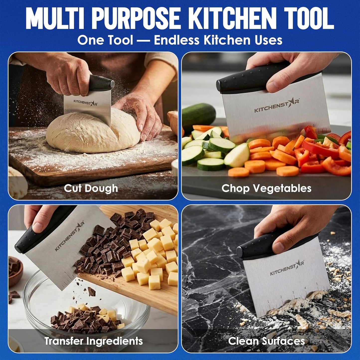 Dough Scraper 6-inch, Stainless Steel Bench Scraper with Measurement Markings & Non-Slip Handle, Pastry Cutter for Bread, Pizza & Vegetables, Dishwasher Safe