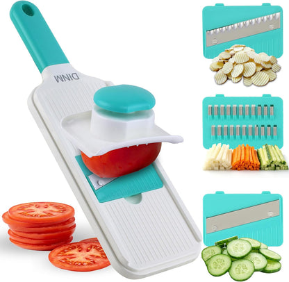 Handheld Mandoline Slicer for Kitchen – Stainless Steel Vegetable Slicer with 3 Interchangeable Blades, Safety Food Holder, Potato, Cucumber & Carrot Cutter
