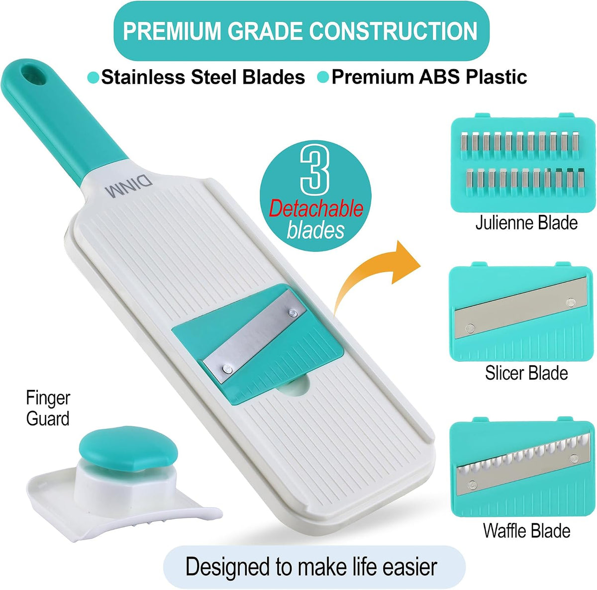 Handheld Mandoline Slicer for Kitchen – Stainless Steel Vegetable Slicer with 3 Interchangeable Blades, Safety Food Holder, Potato, Cucumber & Carrot Cutter