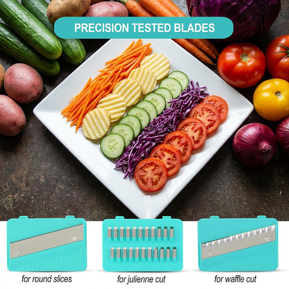 Handheld Mandoline Slicer for Kitchen – Stainless Steel Vegetable Slicer with 3 Interchangeable Blades, Safety Food Holder, Potato, Cucumber & Carrot Cutter