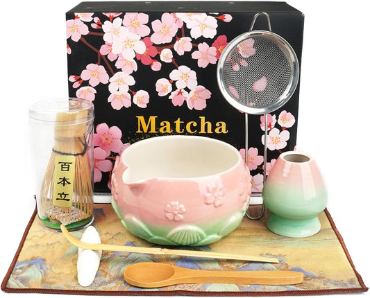 Mint Pink 8Pcs Matcha Whisk & Bowl Starter Kit Microwave Safe Chawan | Complete matcha supplies for beginners microwave safe bowl silky froth floral package ideal for daily use and gifting