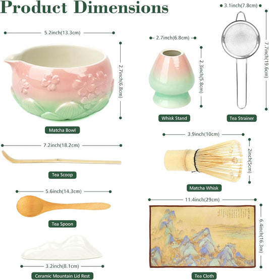Mint Pink 8Pcs Matcha Whisk & Bowl Starter Kit Microwave Safe Chawan | Complete matcha supplies for beginners microwave safe bowl silky froth floral package ideal for daily use and gifting