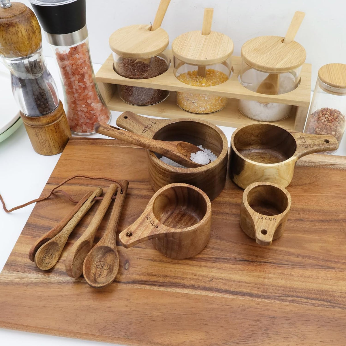 10pcs Wood Measuring Cups and Spoons Set, Kitchen Utensils, 10 Size