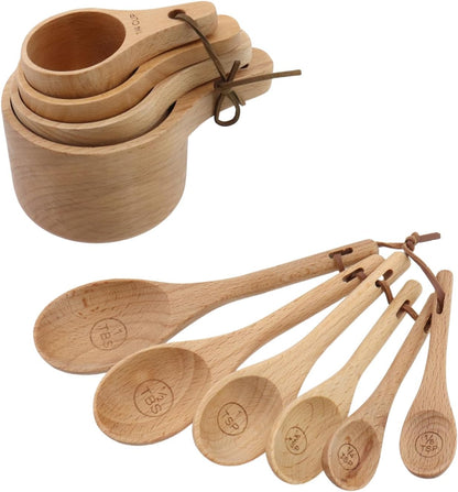 10pcs Wood Measuring Cups and Spoons Set, Kitchen Utensils, 10 Size