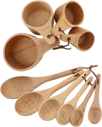 10pcs Wood Measuring Cups and Spoons Set, Kitchen Utensils, 10 Size