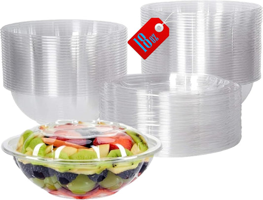 Clear 18 Ounce Plastic Salad Bowls with Snap-On Lids. Pack 50. Airtight Disposable Salad Containers for Lunch, Meal Prep, Parties. Ideal as Disposable Salad Bowls with Lids