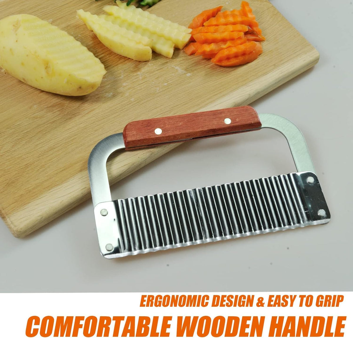 2 Pack Crinkle Cutter for Veggies - Stainless Steel Wavy Potato Chopper Knife w/Wooden Handle - Crinkle Sweet Potato French Fries Slicer Cut Tool for Chopping Carrots, Cucumber, Soap Cutting