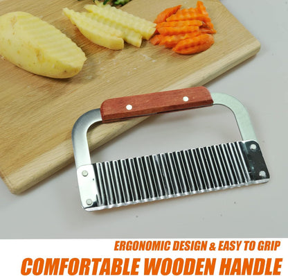 2 Pack Crinkle Cutter for Veggies - Stainless Steel Wavy Potato Chopper Knife w/Wooden Handle - Crinkle Sweet Potato French Fries Slicer Cut Tool for Chopping Carrots, Cucumber, Soap Cutting