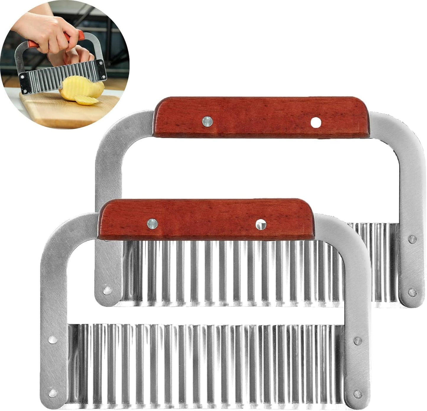 2 Pack Crinkle Cutter for Veggies - Stainless Steel Wavy Potato Chopper Knife w/Wooden Handle - Crinkle Sweet Potato French Fries Slicer Cut Tool for Chopping Carrots, Cucumber, Soap Cutting