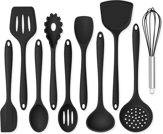 Kitchen Utensils Set, 10 Pieces Black Silicone Cooking Utensils Set | Nonstick Cookware Friendly, Non Toxic & Dishwasher Safe