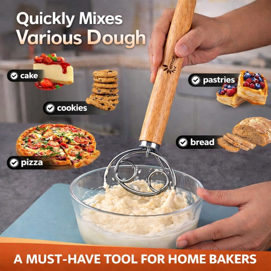 Danish Dough Whisk for Sourdough Bread – 13 Inch 2 Loop Stainless Steel Dutch Bread Whisk – Heavy Duty Dough Mixer for Bread Pizza Pastry Cookies – Ergonomic Oak Handle BPA Free