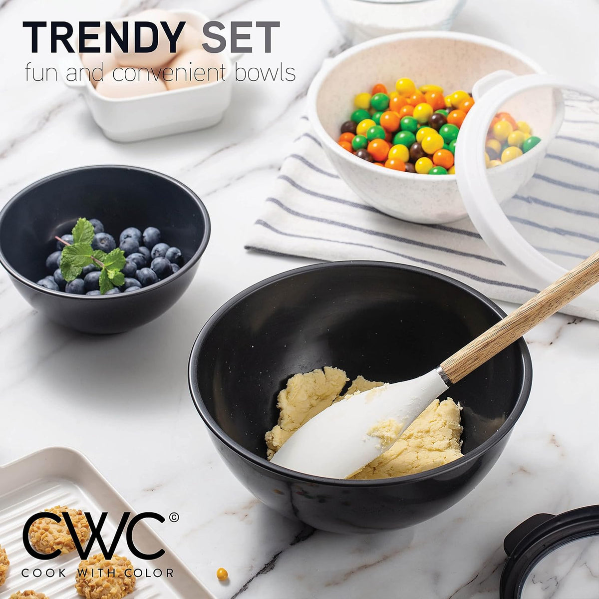Mixing Bowls with Lids - 12 Piece Plastic Nesting Bowls Set includes 6 Prep Bowls and 6 Lids, Microwave Safe Mixing Bowl Set, Sage Embossed - Colors A