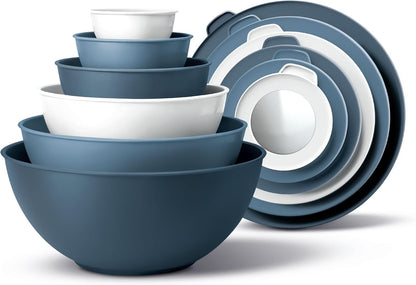 Mixing Bowls with Lids - 12 Piece Plastic Nesting Bowls Set includes 6 Prep Bowls and 6 Lids, Microwave Safe Mixing Bowl Set, Sage Embossed - Colors A