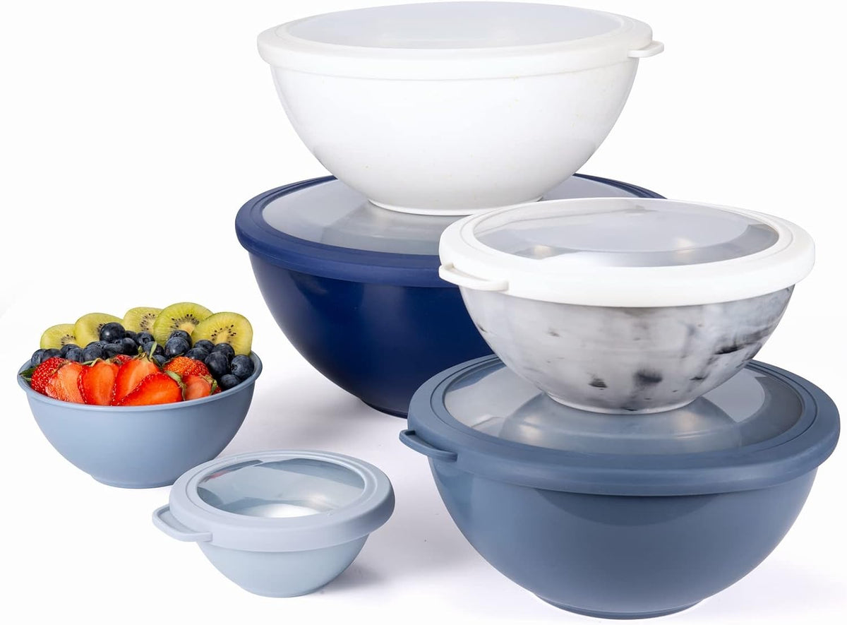 Mixing Bowls with Lids - 12 Piece Plastic Nesting Bowls Set includes 6 Prep Bowls and 6 Lids, Microwave Safe Mixing Bowl Set, Sage Embossed - Colors A