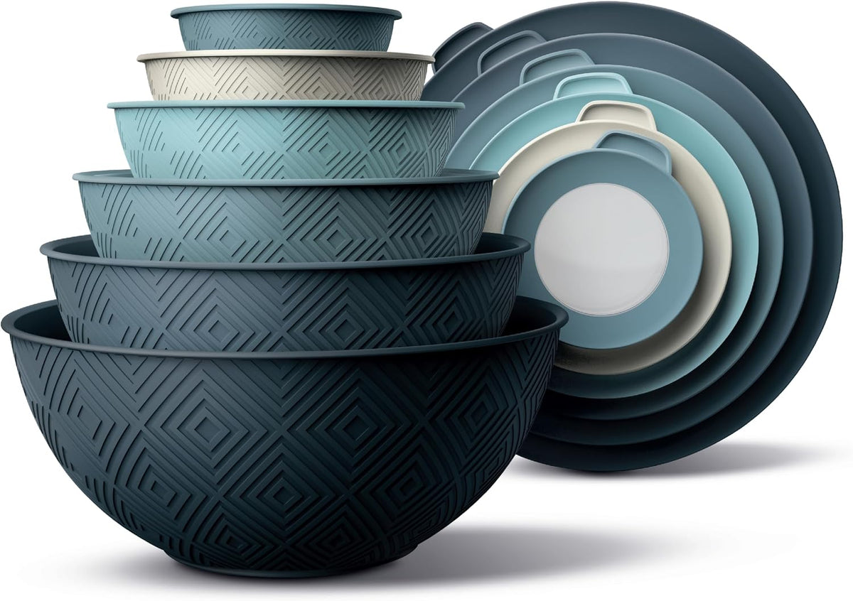 Mixing Bowls with Lids - 12 Piece Plastic Nesting Bowls Set includes 6 Prep Bowls and 6 Lids, Microwave Safe Mixing Bowl Set, Sage Embossed - Colors A