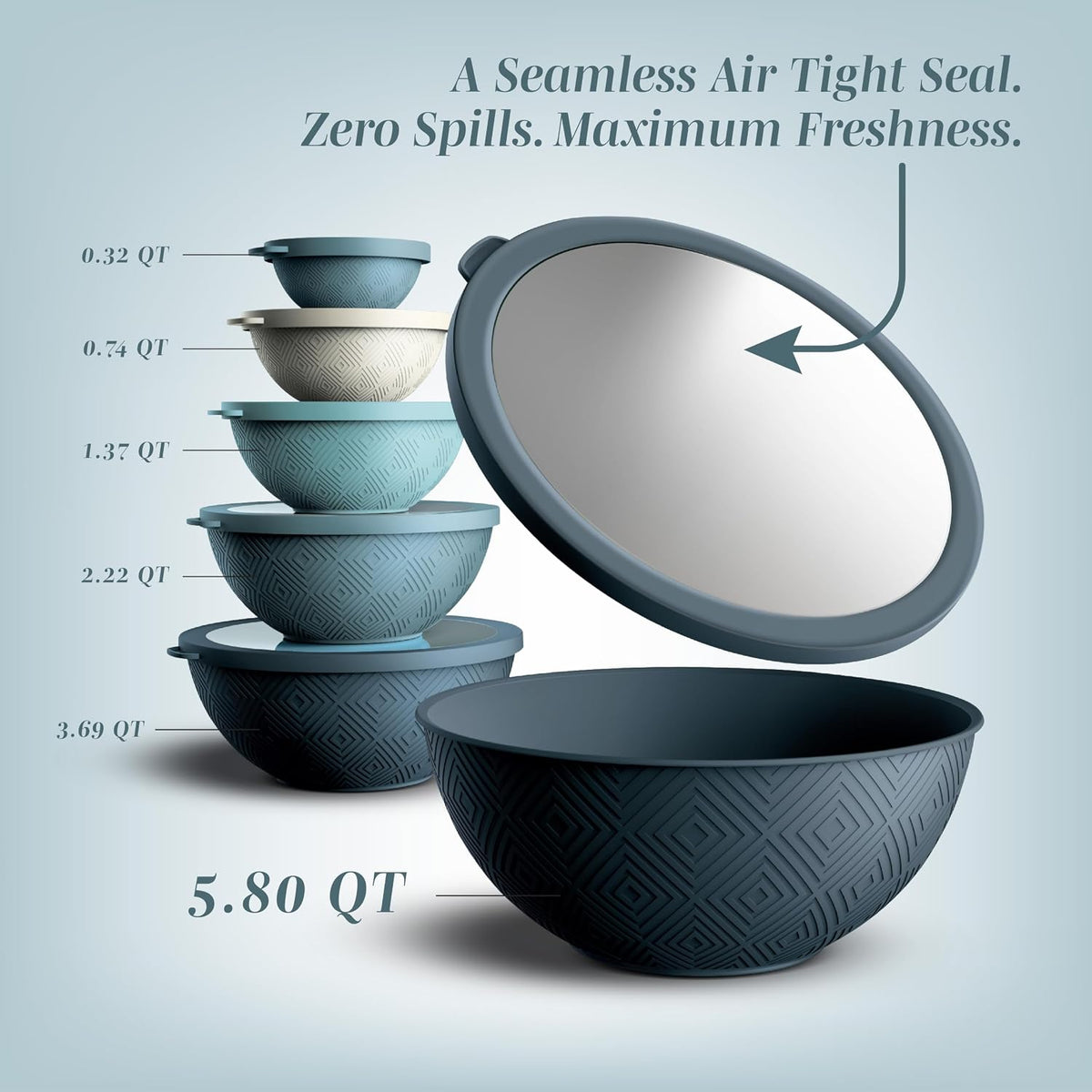 Mixing Bowls with Lids - 12 Piece Plastic Nesting Bowls Set includes 6 Prep Bowls and 6 Lids, Microwave Safe Mixing Bowl Set, Sage Embossed - Colors A