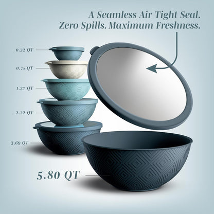 Mixing Bowls with Lids - 12 Piece Plastic Nesting Bowls Set includes 6 Prep Bowls and 6 Lids, Microwave Safe Mixing Bowl Set, Sage Embossed - Colors A
