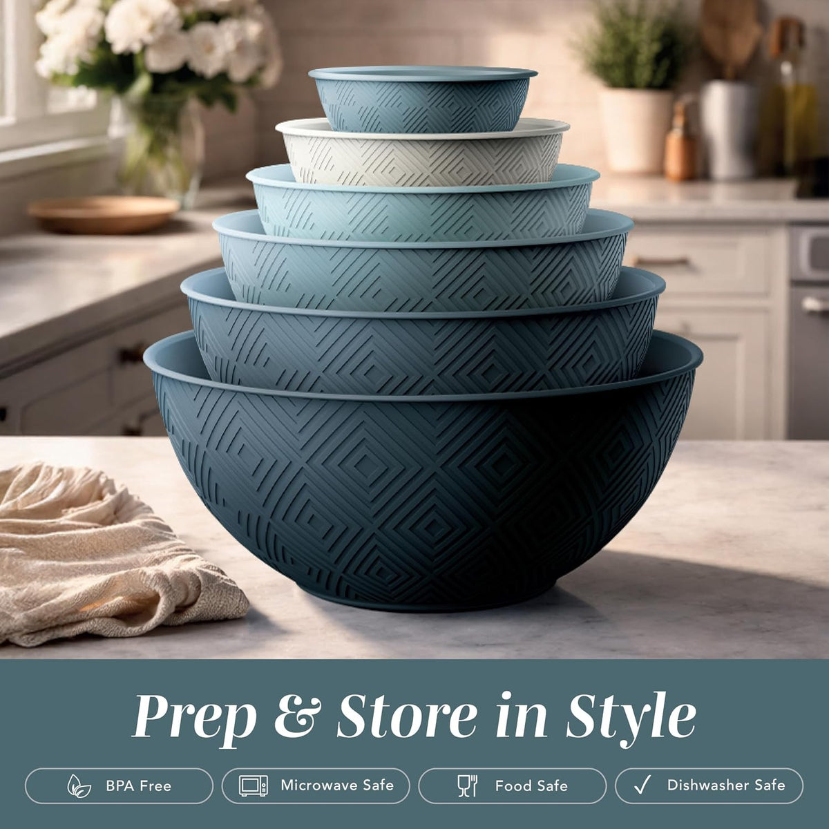 Mixing Bowls with Lids - 12 Piece Plastic Nesting Bowls Set includes 6 Prep Bowls and 6 Lids, Microwave Safe Mixing Bowl Set, Sage Embossed - Colors A
