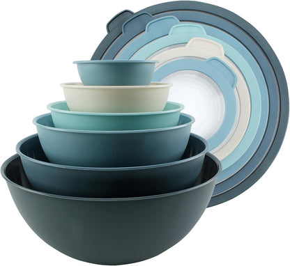 Mixing Bowls with Lids - 12 Piece Plastic Nesting Bowls Set includes 6 Prep Bowls and 6 Lids, Microwave Safe Mixing Bowl Set, Sage Embossed - Colors A