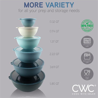 Mixing Bowls with Lids - 12 Piece Plastic Nesting Bowls Set includes 6 Prep Bowls and 6 Lids, Microwave Safe Mixing Bowl Set, Sage Embossed - Colors A
