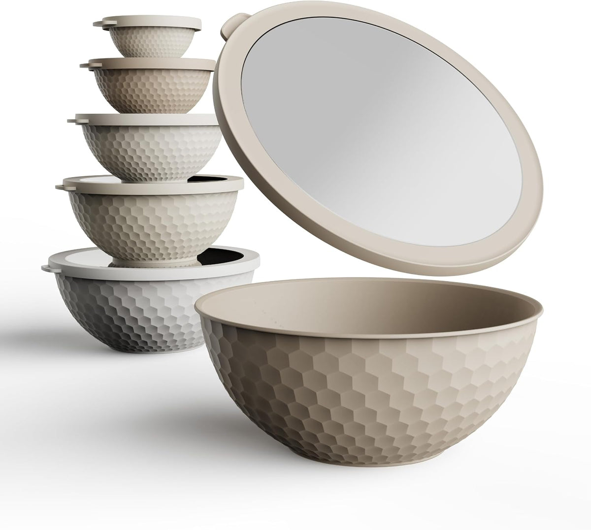Mixing Bowls with Lids - 12 Piece Plastic Nesting Bowls Set includes 6 Prep Bowls and 6 Lids, Microwave Safe Mixing Bowl Set, Sage Embossed - Colors A
