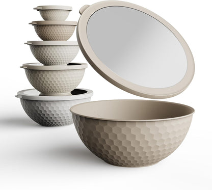 Mixing Bowls with Lids - 12 Piece Plastic Nesting Bowls Set includes 6 Prep Bowls and 6 Lids, Microwave Safe Mixing Bowl Set, Sage Embossed - Colors A