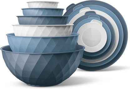 Mixing Bowls with Lids - 12 Piece Plastic Nesting Bowls Set includes 6 Prep Bowls and 6 Lids, Microwave Safe Mixing Bowl Set, Sage Embossed - Colors A