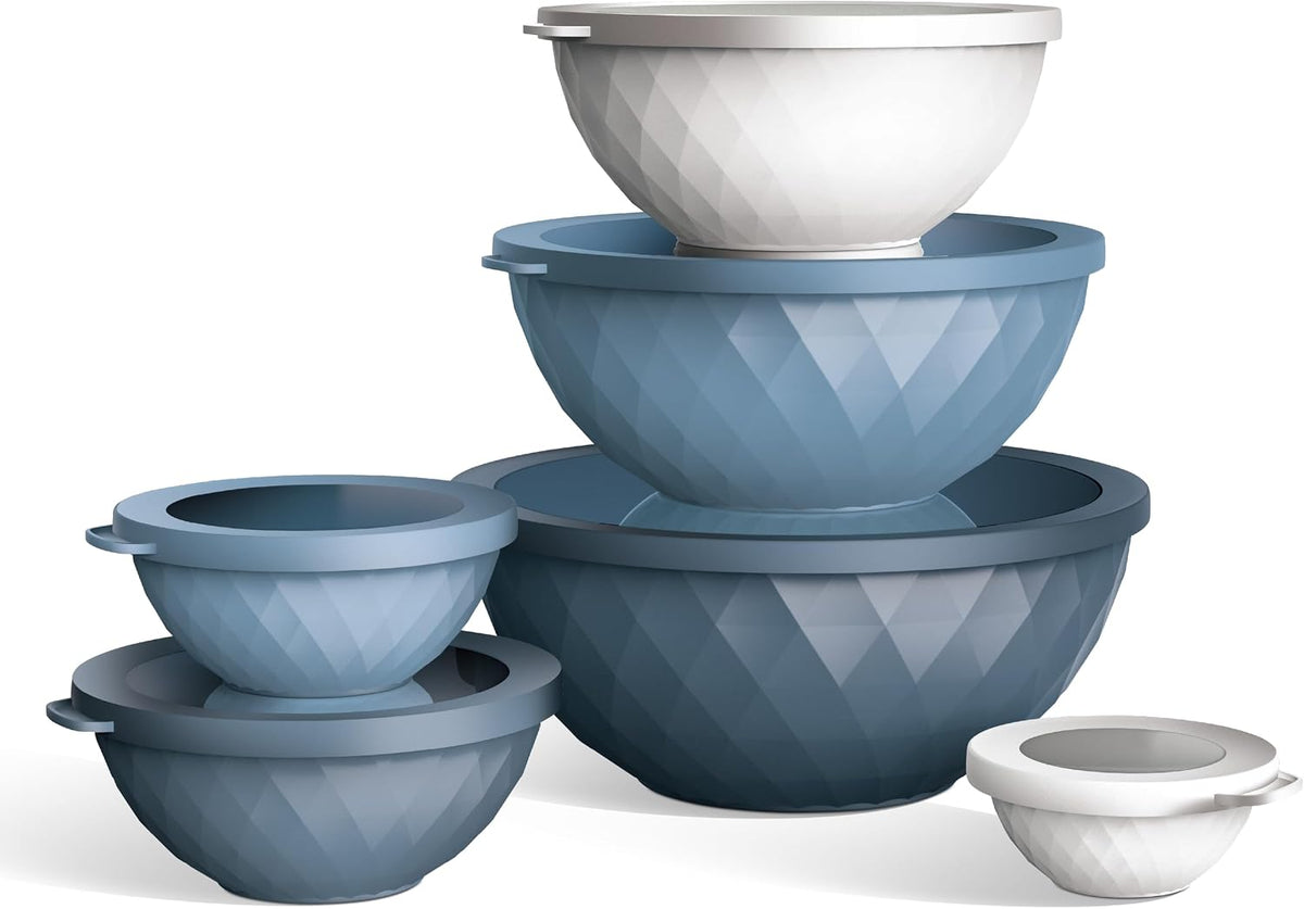 Mixing Bowls with Lids - 12 Piece Plastic Nesting Bowls Set includes 6 Prep Bowls and 6 Lids, Microwave Safe Mixing Bowl Set, Sage Embossed - Colors A