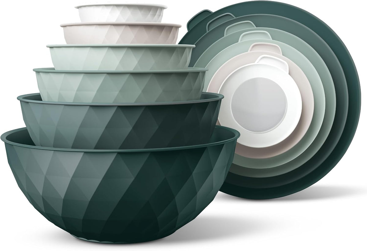 Mixing Bowls with Lids - 12 Piece Plastic Nesting Bowls Set includes 6 Prep Bowls and 6 Lids, Microwave Safe Mixing Bowl Set, Sage Embossed - Colors A