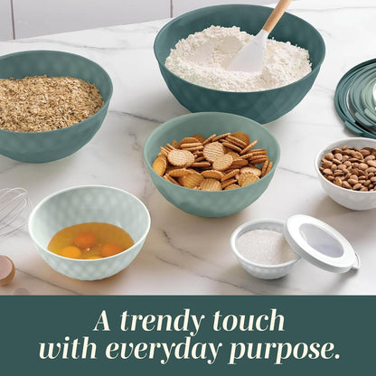 Mixing Bowls with Lids - 12 Piece Plastic Nesting Bowls Set includes 6 Prep Bowls and 6 Lids, Microwave Safe Mixing Bowl Set, Sage Embossed - Colors A