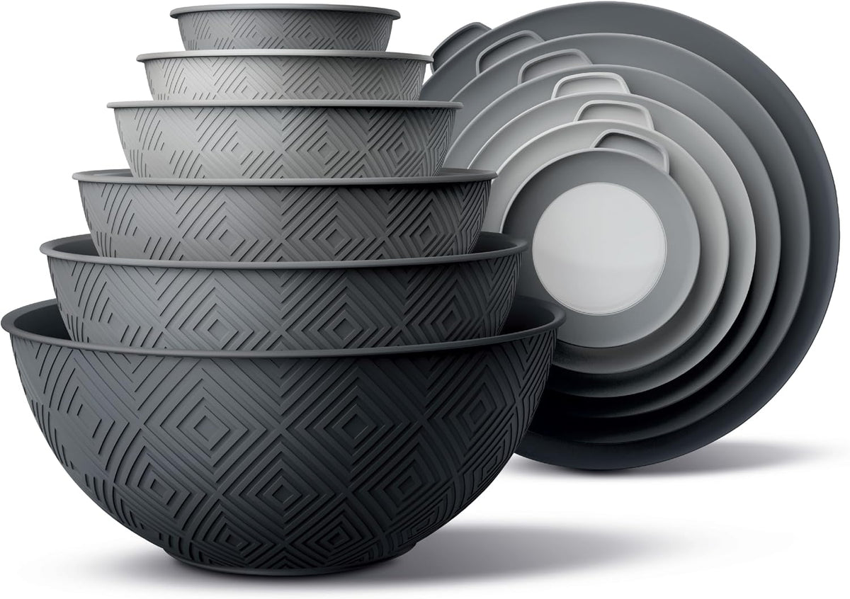 Mixing Bowls with Lids - 12 Piece Plastic Nesting Bowls Set includes 6 Prep Bowls and 6 Lids, Microwave Safe Mixing Bowl Set, Sage Embossed - Colors A