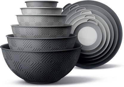 Mixing Bowls with Lids - 12 Piece Plastic Nesting Bowls Set includes 6 Prep Bowls and 6 Lids, Microwave Safe Mixing Bowl Set, Sage Embossed - Colors A