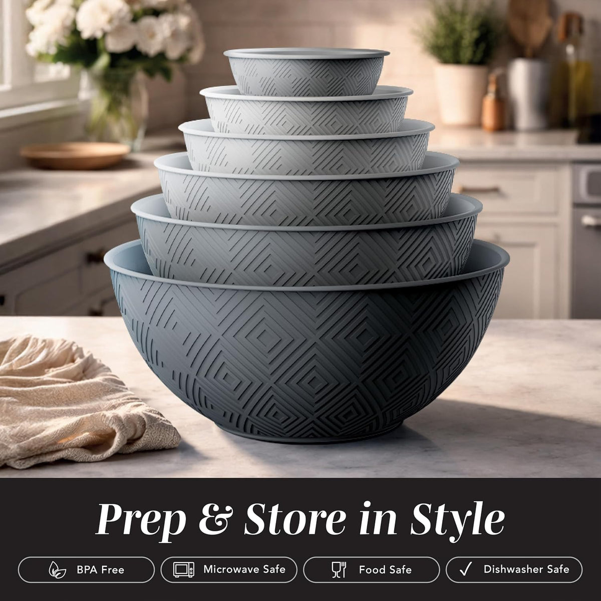 Mixing Bowls with Lids - 12 Piece Plastic Nesting Bowls Set includes 6 Prep Bowls and 6 Lids, Microwave Safe Mixing Bowl Set, Sage Embossed - Colors A